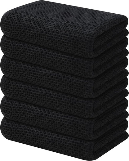 Kitinjoy 100% Cotton Waffle Weave Kitchen Hand Towels (13 X 28 Inches, Black), 6-Pack Super Soft and Absorbent Dish Towel for Drying Dishes