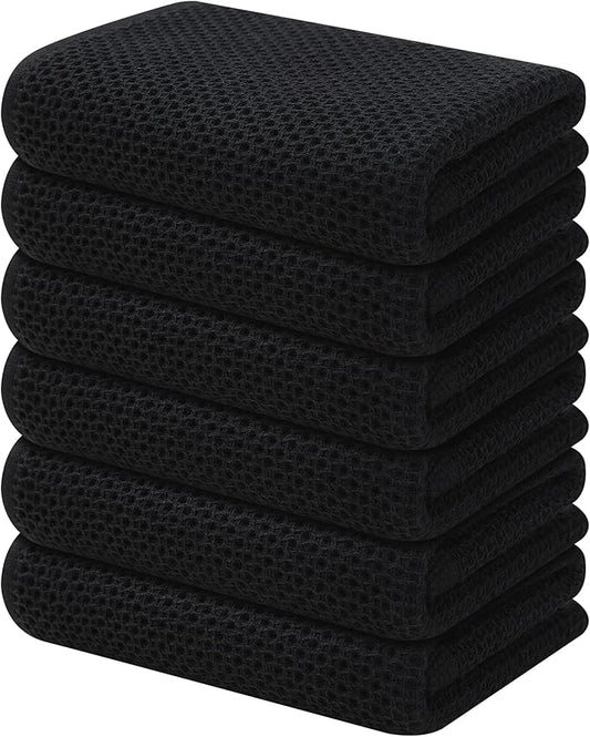 Kitinjoy 100% Cotton Waffle Weave Kitchen Hand Towels (13 X 28 Inches, Black), 6-Pack Super Soft and Absorbent Dish Towel for Drying Dishes