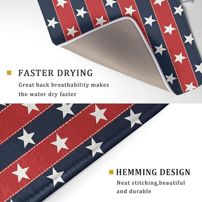 Patriotic Star Stripes Red Blue Dish Drying Mat For Kitchen Counter 4th of July Independence Memorial Day USA Microfiber Absorbent Drying Mats Reversible Kitchen Countertop Drainer Pad 18x24 Inch