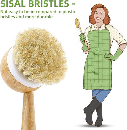 SUBEKYU Dish Brush with Handle, Natural Bamboo Dish Scrubber Brush, Kitchen Dishwashing Brush for Cleaning Dishes/Pans/Pots/Sinks, Sisal Bristles, 2P