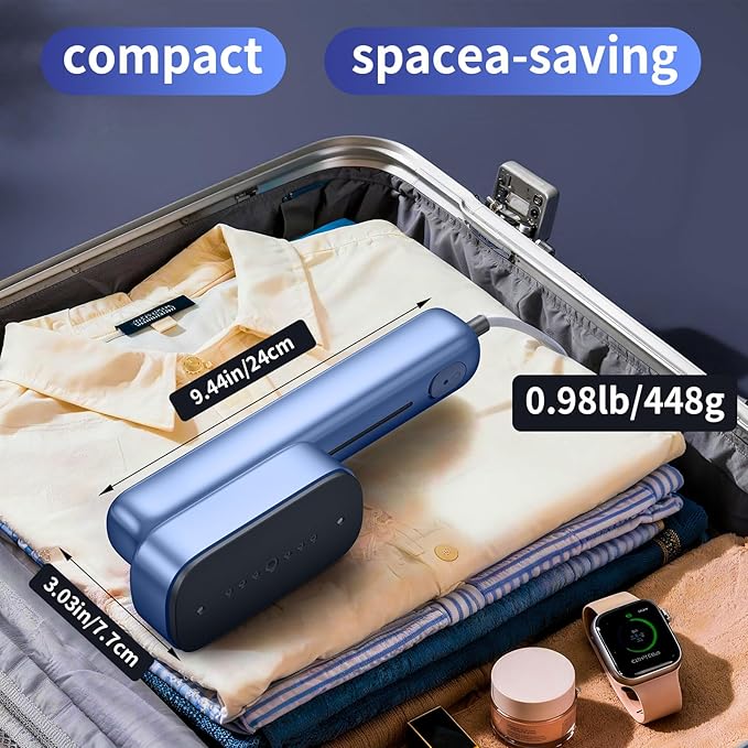 Portable Clothes Steamer Handheld for Travel, 110-230V Dual Voltage, 2in1 Mini Steamer & Iron for Clothes, 30s Fast Heat Up, Compact for Home, Office & Travel, Blue