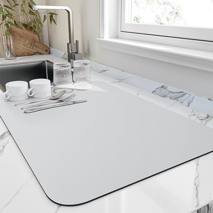 HotLive Dish Drying Mat for Kitchen Counter, Heat Resistant Drainer Mats with Non-slip Rubber Backed, Hide Stain Kitchen Super Absorbent Draining Mat, Easy to Clean Dish Rack Pad, Light Grey 16"x20"