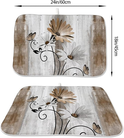 Floral Dish Drying Mat 18x24 Inches For Kitchen Counter Brown Daisy Flower Kitchen Decoration Drying Mat Modern Decorative Drying Pad For Home Kitchen Decor,Dining Room,Office Decor