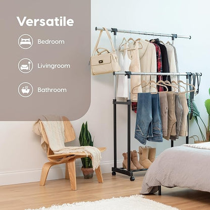 IRIS USA Portable Double-Rod Height Adjustable Clothes Rack with Extendable Bar and Lockable Wheels, Rolling Garment, Double Rod Wardrobe Rack, Easy Assemble, for Clothes, Belts, Shoes, and Bags