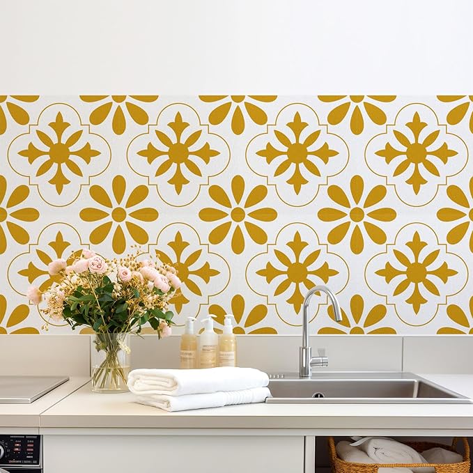 AM AMAONM 10pcs 20x20cm Removable Square Vintage Floral Pattern Tile Stickers 3D Decorative Peel and Stick Vinyl Self Adhesive Wall Tiles Decor Decals for Kitchen Backsplash Bathroom Furniture (E)