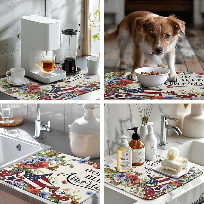 4th of July Drying Mat for Kitchen Counter Patriotic Floral Cross Stars Dish Drying Pad Independence Day Absorbent Microfiber Washable Dish Draining Mat Extra Large 18"x24"