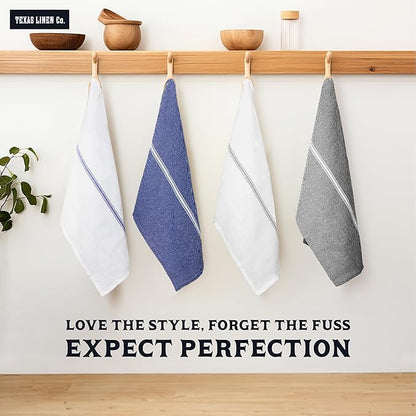 TEXAS LINEN CO. Cotton Kitchen Towels 6 Pack - 15 x 25 Inches - Highly Absorbent Dish Towels for Kitchen Drying, Soft Durable Reusable Quick Dry Tea, Kitchen and Dish Cloths Set - Blue Stripe