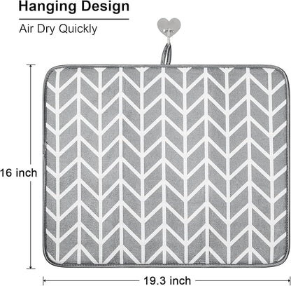 SUBEKYU Dish Drying Mat for Kitchen Counter, Absorbent Microfiber Dishes Drainer Mats/Rack Pads, 2 Pack, Light Grey, Branch