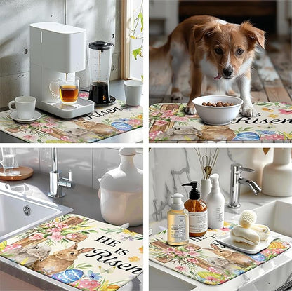 Easter He Is Risen Bunny Dish Drying Mat for Kitchen Counter Spring Easter Cross Floral Eggs Drying Pad 18x24 In Microfiber Absorbent Holiday Dishes Drainer for Kitchen Counter Tableware