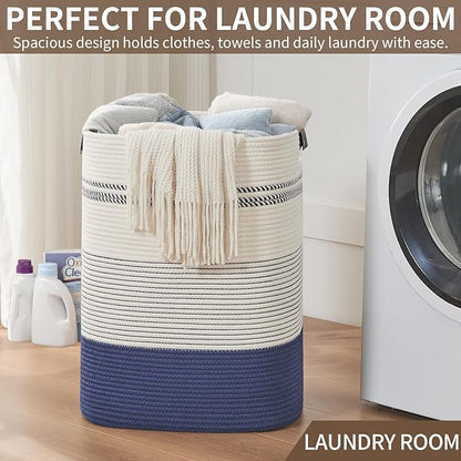 Large Laundry Basket - Tall Woven Rope Laundry Hamper with Leather Handles - Dirty Clothes hamper for Living room, Bedroom, 17" X 13.8" X 22", Dark Blue & White