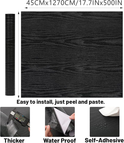 Peel and Stick Wallpaper Black Wood Wall Paper - 17.5 x 500 Inch Self Adhesive Wallpaper Peel and Stick, Easy to Paste Wall Contact Paper for Stand Liner, Table and Door Makeover Decor