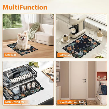 Scalloped Bohemian Coffee Bar Mat Dish Drying Mats for Kitchen Counter, Kitchen Decor,(12"x19", Black)
