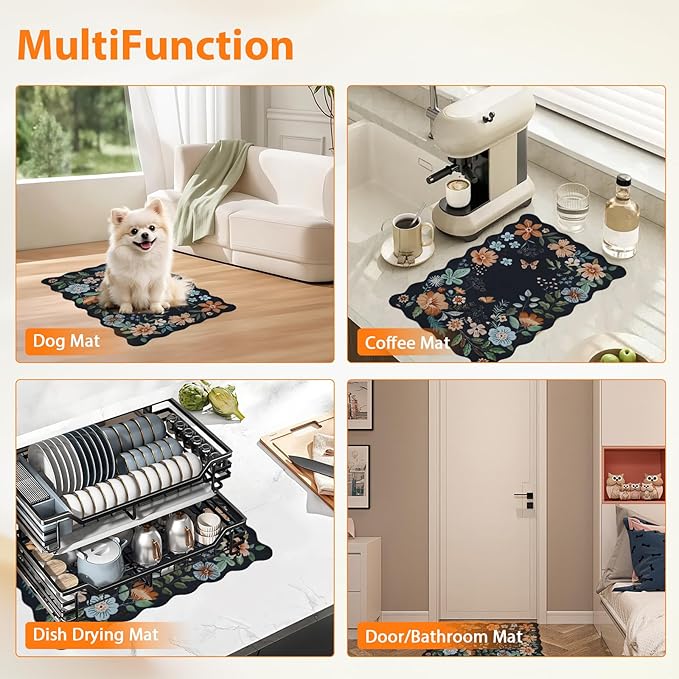 Scalloped Bohemian Coffee Bar Mat Dish Drying Mats for Kitchen Counter, Kitchen Decor,(16"x24", Black)