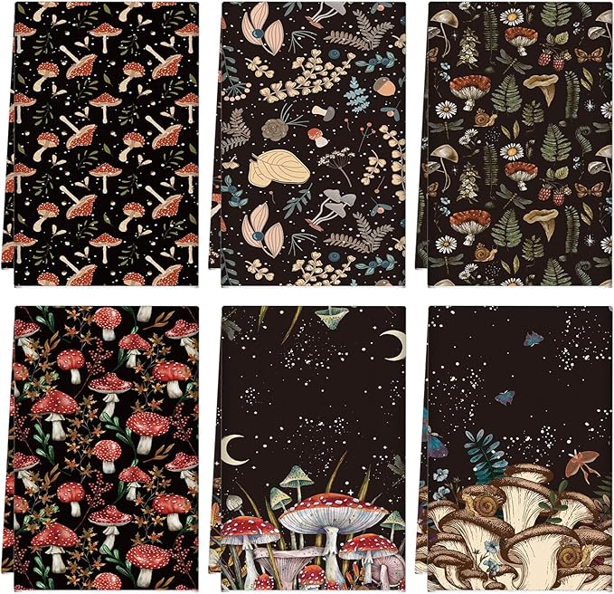 Zubebe 6 Pcs Mushroom Kitchen Towel Set - Vintage Black Dish Towels 18 x 28 Inch - Poster Style Hand Towels - Colorful Rustic Tea Towels for Cooking Baking - Housewarming Gift