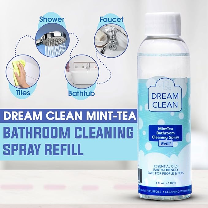 DREAM CLEAN MintTea Bathroom Cleaning Spray Refill - Biodegradable and Cruelty-Free Formula for Showers, Tubs, Sinks & More, Spearmint & Tea Tree Essential Oils, 4oz