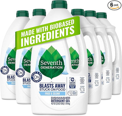 Seventh Generation Free & Clear Dishwasher Detergent Gel, 42 oz, 6 Pack, Targets Grease & Stuck-On Food For A Streak-Free Finish, Fragrance Free
