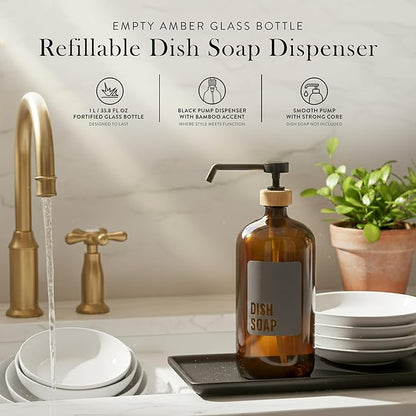 SAVVY & SORTED Amber Glass Dish Soap Dispenser for Kitchen Sink 1 Liter, Large Kitchen Soap Dispenser Set with Permanent Label, Refillable Glass Bottle for Dish Washing Liquid, 34 Fl Oz
