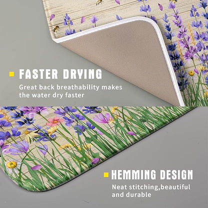 Lavender Floral Dish Drying Mat 16x18 inch Spring Summer Flower Decorative Fast Dry Dishes Drainer Mats Reversible Washable Dish Rack Pad