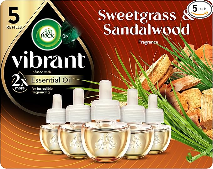 Air Wick Plug In Scented Oil Refills, Sweetgrass + Sandalwood, Air Fresheners for Home Long Lasting, Room Fresheners,Air Freshener Plug In, Essential Oils, Home Essentials for Small&Large Spaces,5 ct