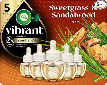 Air Wick Plug In Scented Oil Refills, Sweetgrass + Sandalwood, Air Fresheners for Home Long Lasting, Room Fresheners,Air Freshener Plug In, Essential Oils, Home Essentials for Small&Large Spaces,5 ct