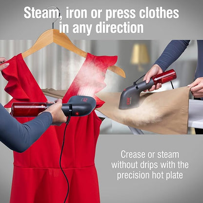 CHI Collapsible Travel 2-in-1 Handheld Garment Steamer & Steam Iron for Clothes, Large 120 ml Water Tank For up to 6 Minutes of Use, Collapses for Compact Storage, Fast Heatup, 10’ Cord, Black (11611)