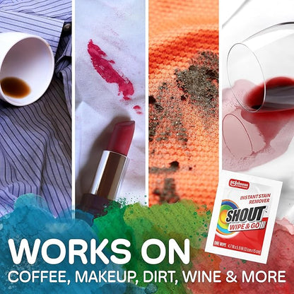 Shout Wipe & Go Instant Stain Remover Wipes, No Wash Required, Safe on Colorfast Washables, Travel & Baby Diaper Bag Essentials, Removes Grass, Coffee, Makeup & More, 12 Wipes (Pack of 1)
