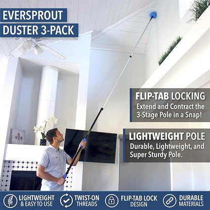 EVERSPROUT 5-to-12 Foot Duster 3-Pack with Extension-Pole (20+ Foot Reach) | Hand-packaged Cobweb Duster, Microfiber Feather Duster, Flexible Microfiber Ceiling & Fan Duster | Aluminum Telescopic Pole