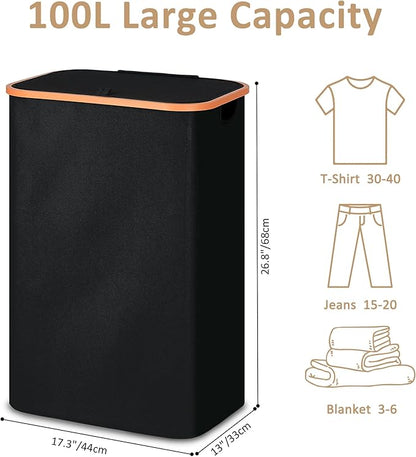 Slim Laundry Basket with Lid, Narrow Dirty Clothes Hampers for Laundry with Handle, Skinny Laundry Bin for Laundry Room, Dorm, Bedroom and Bathroom, 26.4 Gallon (100L) Black