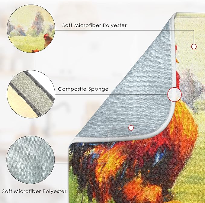 Sanwarm Absorbent Dish Drying Mat, Multicolor Oil Realistic Rooster Chickens Microfiber Pad for Kitchen Counter, Coffee Bar Decor, Heat Resistant and Reversible, 16" x 18"