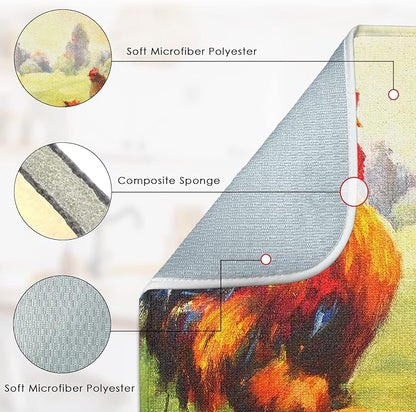 Sanwarm Absorbent Dish Drying Mat, Multicolor Oil Realistic Rooster Chickens Microfiber Pad for Kitchen Counter, Coffee Bar Decor, Heat Resistant and Reversible, 18" x 24"