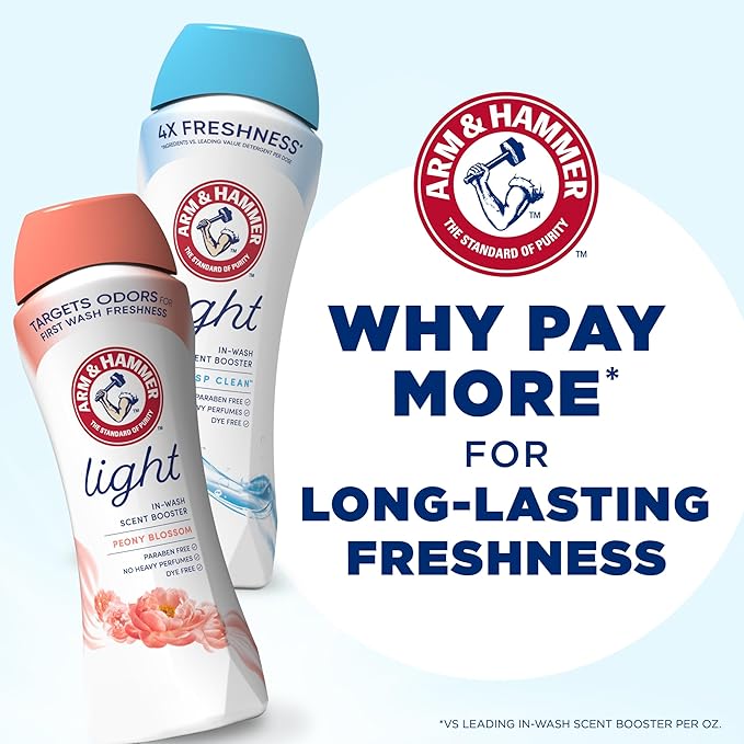 ARM & HAMMER Light In-Wash Scent Booster, No Heavy Perfumes, No Dyes, No Parabens, Peony Blossom Scent, 24 Oz