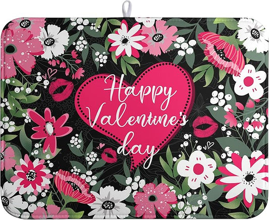 Happy Valentine's Day Dish Drying Mat for Kitchen Counter Valentines Flowers Love Heart Drying Mats Absorbent Reversible Dishes Drainer Mats Microfiber Dish Drying Pad Large Dish Rack Mat 18x24 Inch