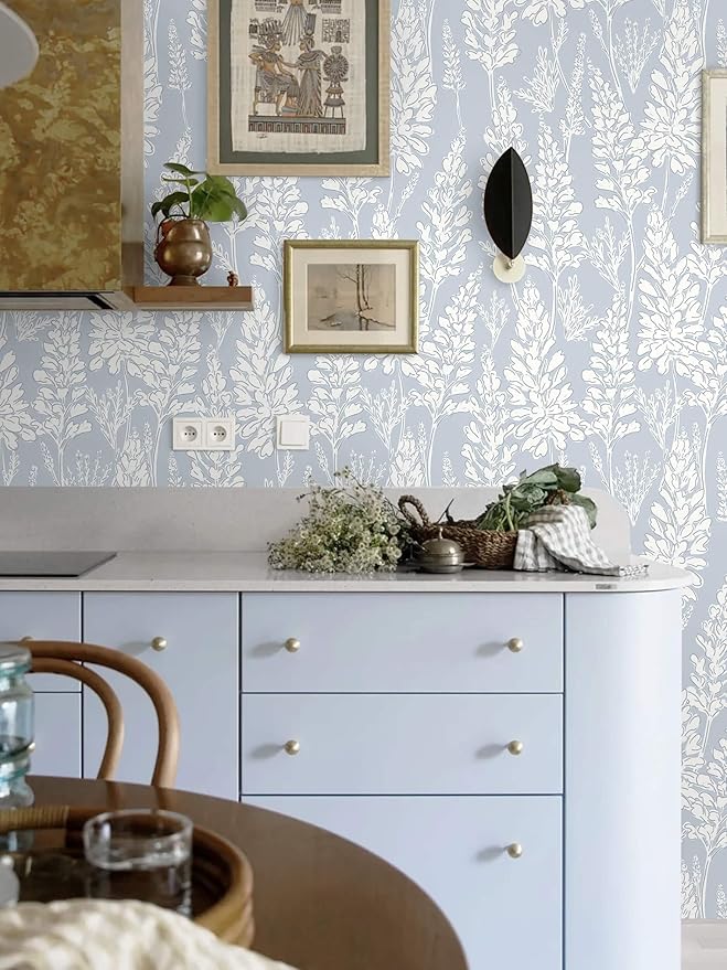 Ismoon Floral Peel and Stick Wallpaper Boho Blue Contact Paper 17.3'' x 197'' Neutral Wallpaper Renter Friendly Removable Self-Adhesive Wall Paper for Bedroom Kitchen Wall Decor Vinyl
