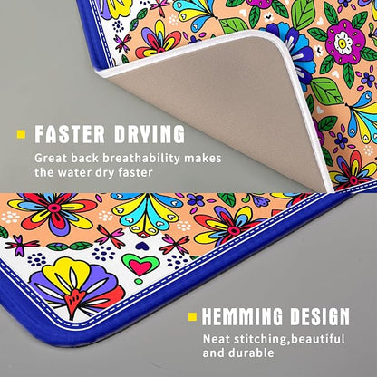 Mexican Talavera Dish Drying Mat Navy Blue Microfiber Dish Drain Pad for Kitchen Decor