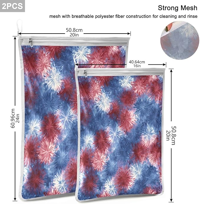 Mesh Laundry Bags Lingerie Bags for Washing Delicates 2 PCS Durable Wash Bag with Zipper Small and Medium Washable Retro Tie Dye Fireworks
