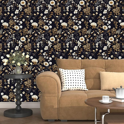 Floral Peel and Stick Wallpaper Vintage Black gold Flower Contact Paper Vinyl Waterproof Self Adhesive Removable Retro Decor Dark Botanical Wall Paper for Bedroom Walls Bookcase Drawers 17.5" x 393"