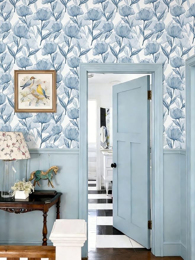 Heroad Blue Peel and Stick Wallpaper Boho Large Floral Contact Paper Modern Wall Paper Cabinets Waterproof Removable Self Adhesive Wallpaper for Bathroom Vinyl Roll 17.3"x393"