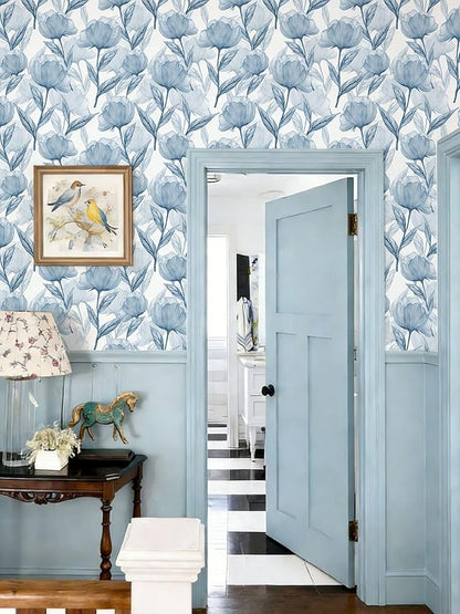 Heroad Boho Peel and Stick Wallpaper Blue Large Floral Contact Paper Modern Wall Paper Cabinets Waterproof Removable Self Adhesive Wallpaper for Bathroom Vinyl Roll 17.3"x196"
