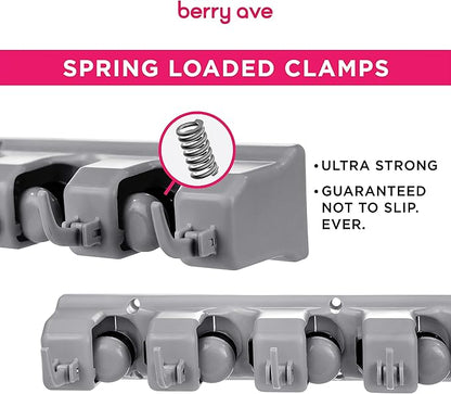 Combo 5 Slot Broom Holder w/ 1 Self Adhesive Mop Gripper No-Drilling, Wall Mount Tool Organizers For Kitchen, Garage, Laundry Room- Anti-Slip Hanger For Brooms, Mops, Rakes, Dustpans (Grey / White)