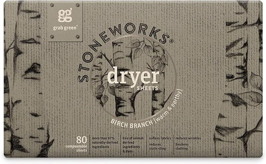 Grab Green, Stoneworks, Dryer Sheets, 80 Compostable Sheets (Birch Branch)
