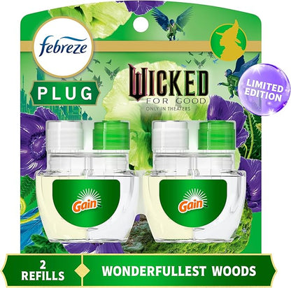 Febreze Plug In Air Freshener, "Wicked: For Good" Limited Edition Odor-Fighting Scented Oil Refill, Air Fresheners for Home and Bathroom and Kitchen, Long Lasting, Wonderfullest Woods, 2 Count