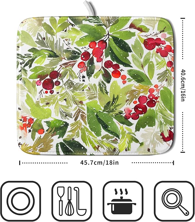 Watercolor Christmas Dish Drying Mat 16 x 18 Inch With Absorbent Reversible Microfiber Green Leaves Red Berry Xmas Drying Mats Winter Holiday Dish Drainer Mat Fast Dry For Kitchen Dining Room