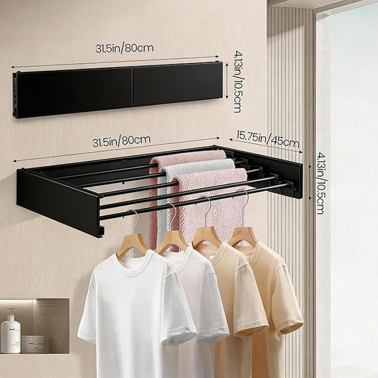 Wall Mounted Laundry Drying Rack, Carbon Steel Foldable & Retractable Clothes Drying Rack, Space Saving Adjustable Towel Holder for Bathroom, Laundry, Small Spaces (1, Black, 80cm)