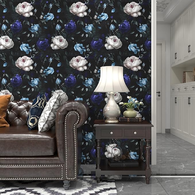 Dark Floral Peel and Stick Wallpaper, Vintage Black/Blue Rose Flower Contact Paper 17.5" x 393.7", Waterproof Self Adhesive Boho Decor Black Rose Wall Paper for Bedroom Walls Bookcase Drawers Decor