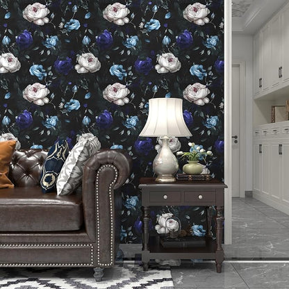Dark Floral Peel and Stick Wallpaper, Vintage Black/Blue Rose Flower Contact Paper 17.5" x 393.7", Waterproof Self Adhesive Boho Decor Black Rose Wall Paper for Bedroom Walls Bookcase Drawers Decor