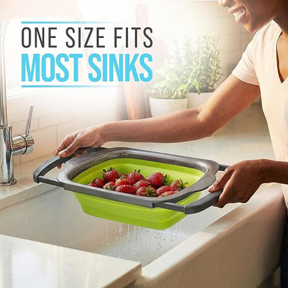 Comfify XL Large Kitchen Strainer - Collapsible Silicone Over-The-Sink Colander with Extendable Handles - Use with Pasta, Fruit, Berries & Veggie - 6 Quart - Green