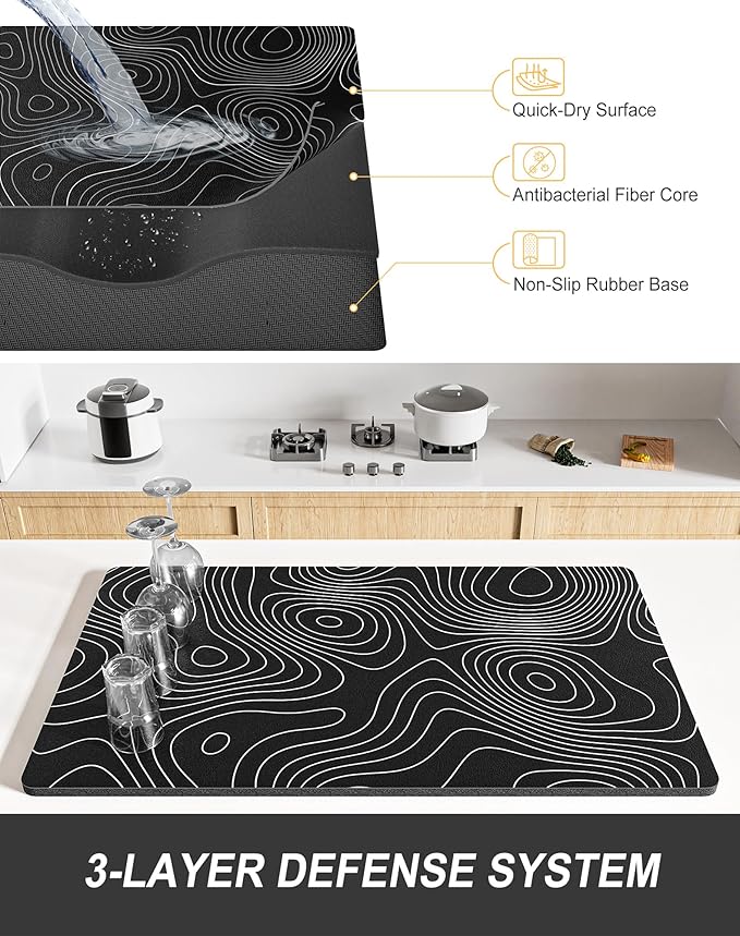 Rnivvi Dish Drying Mat for Kitchen Counter, 12 x 19" Cute Marble Super Absorbent Draining Pad, Non-Slip Heat Resistant Coffee Bar Mats for Coffee Machine Station Accessories, Line Art Dish Rack Pad