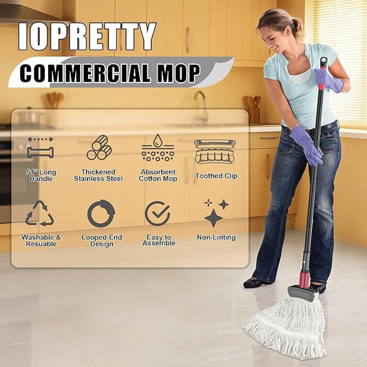 Commercial Mops for Floor Cleaning - Looped-End Heavy Duty Wet Mop with Long Handle for Hardwood Wood Tile Vinyl - Reusable Cotton Head for Home Garage Kichen Bathroom