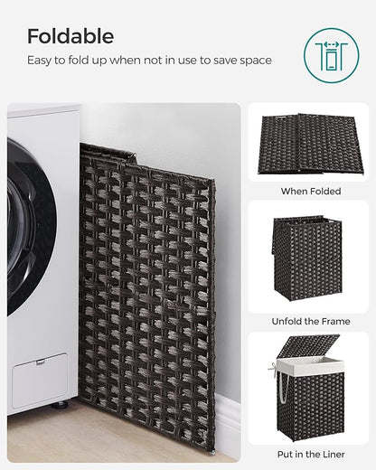 SONGMICS Laundry Hamper with Lid, 23.8 Gallon (90 L) Synthetic Rattan Clothes Laundry Basket with Lid and Handles, Foldable, Removable Liner, Black ULCB51BK