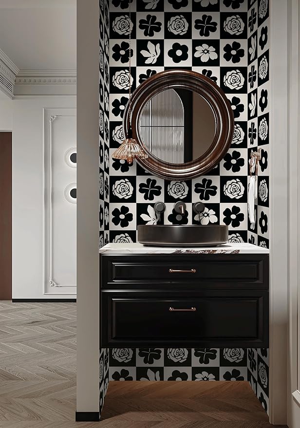 Dimoon 17.3''x78.7'' Peel and Stick Wallpaper Black White Floral Contact Paper Geometric Retro Vintage Thickening Embossed Cream Flower Renter Friendly Wall Paper Boho Aztec Bedroom Vinyl Wrap Roll